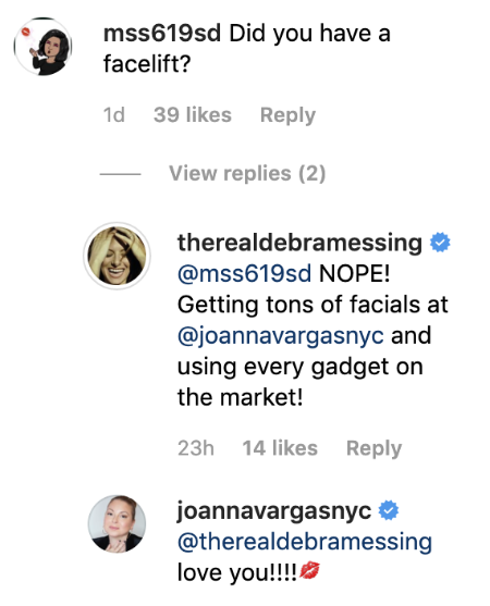 Debra Messing's reply denying the plastic surgery rumors.